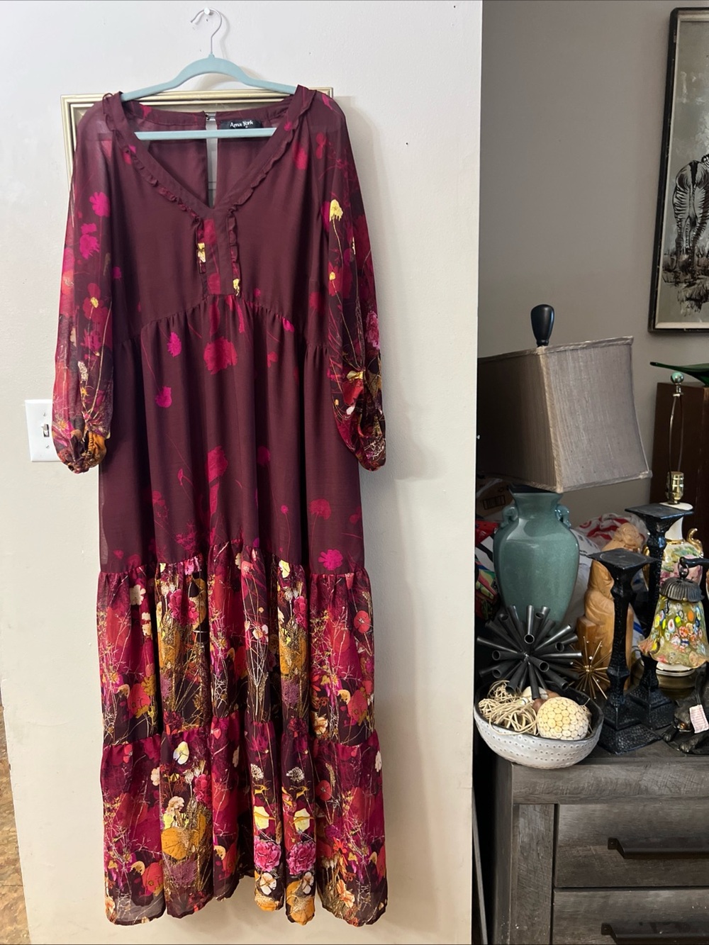 Arna York Dress Women 16 Burgundy Floral Lined Date Church Peasant Hippie tiered - Picture 7 of 14